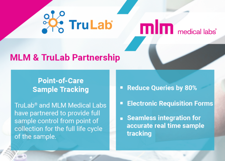 Graphic illustrating the MLM and TruLab partnership for point-of-care sample tracking, emphasizing seamless integration for accurate real-time sample tracking as part of an advanced sample tracking system.