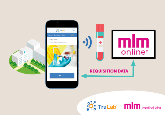 Illustration showing a mobile device and test tube, highlighting the transition to digital requisition data entry, as part of point of collection sample tracking for improved efficiency